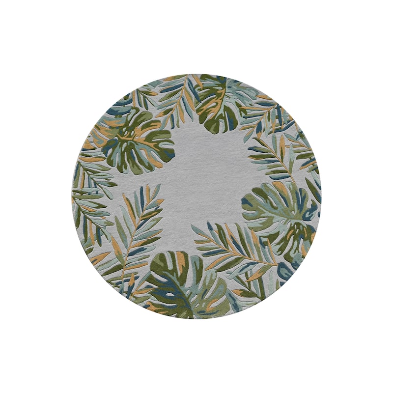 Domani Saunt Hand Tufted Wool Coastal Palms Area Rug - 5'6" Round - Light Blue