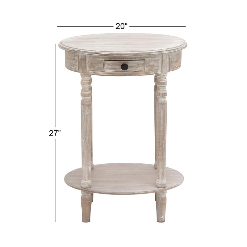 Wood Whitewashed Oval 1 Drawer and 1 Shelf Accent Table with Turned Legs - Light Brown - Roche River Decor - 15"Wx20"Lx27"H