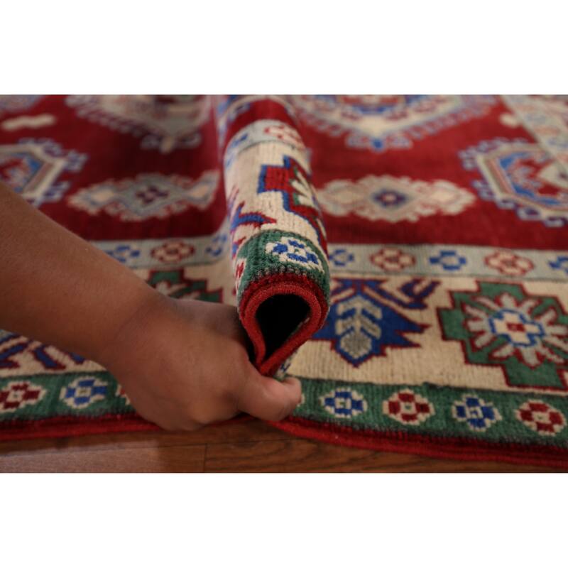 Red Geometric Kazak Rug Hand-Knotted Wool Carpet - 5'3" x 6'5"