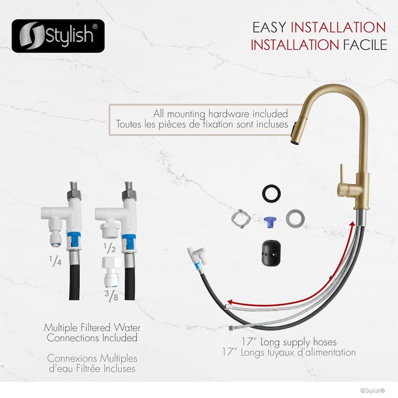 Modena Single Handle Brushed Gold Pull Down Kitchen Faucet with Reversible Osmosis