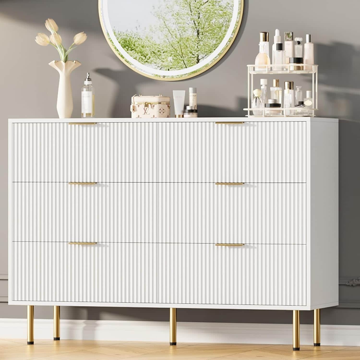6-Drawer Modern Fluted Wood Dresser with Gold Handle, Large Storage Organizer for Bedroom, Living Room, Hallway, White