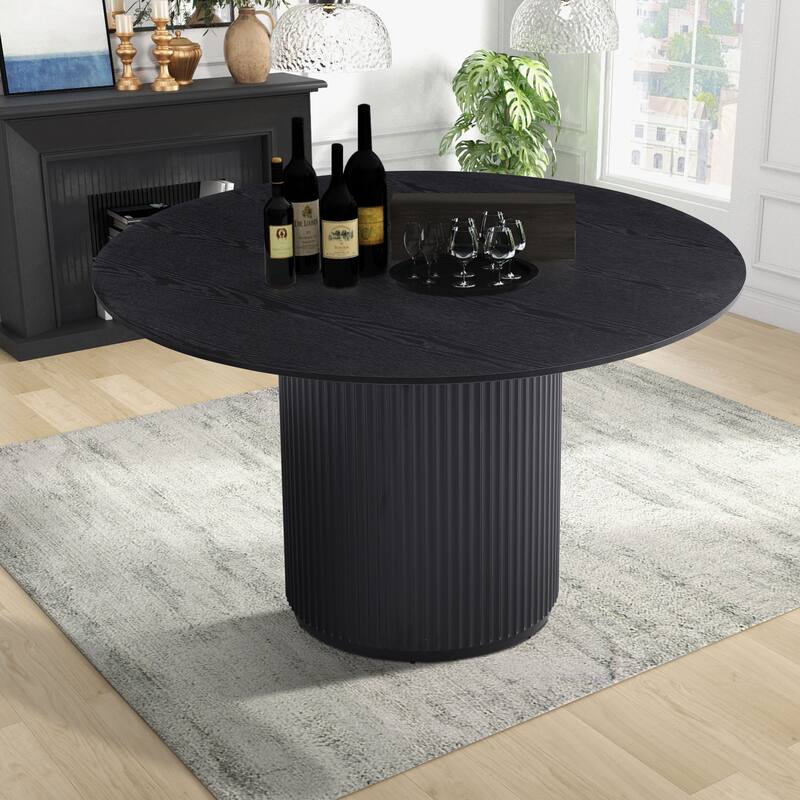 Mid-Century Modern 47.24-Inch Round Natural Black MDF Dining Table - Black