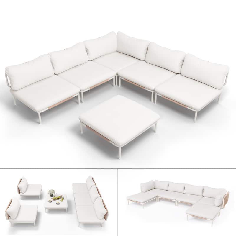 Pellebant Outdoor Sectional Sofa Patio Conversation Seating Set - Set of 6 - Beige - 6PC with 6 Armrest