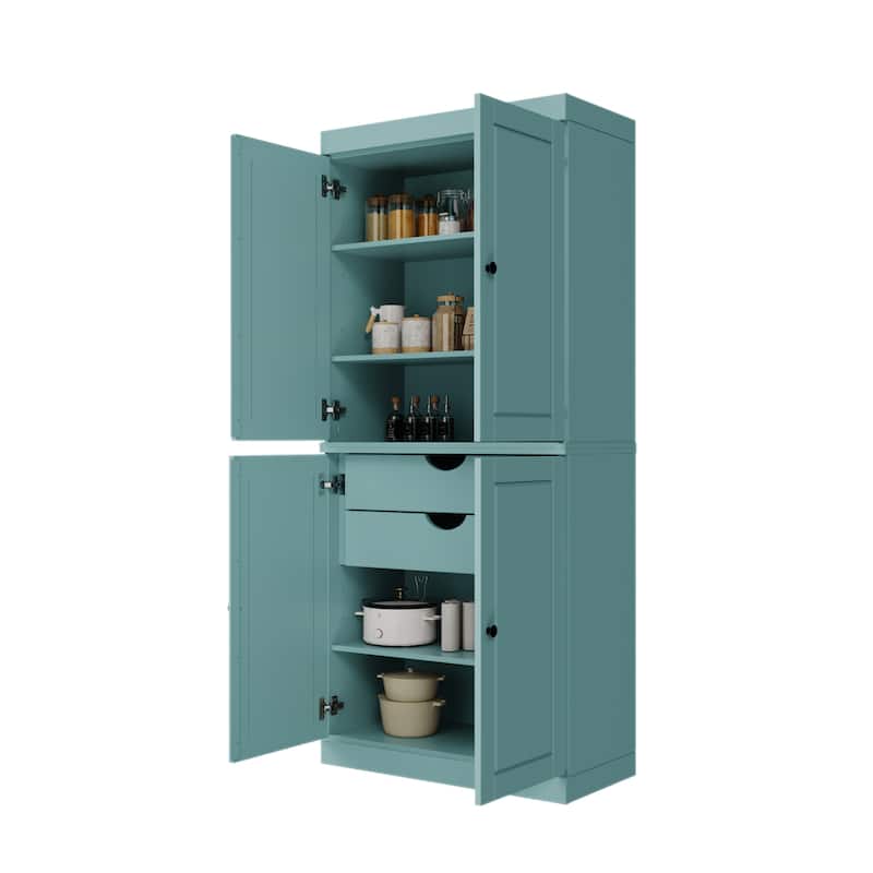 Solid Wood Tall Freestanding Kitchen Pantry Cabinet with Doors & 2 Drawers, Adjustable Shelves, Modular Storage, 32" W x 71.5" H