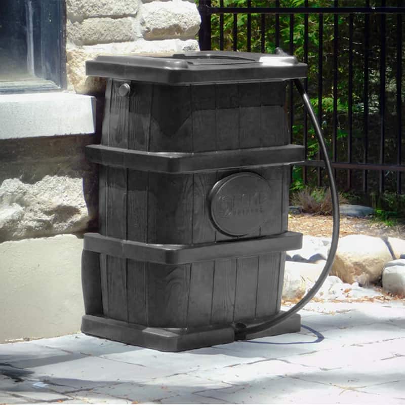 FCMP Outdoor Wood Grain Rain Water Catcher Barrel with Flat Back Design, Black - 20