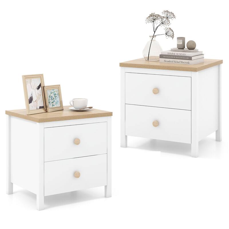 Gymax 2 PCS Nightstand Farmhouse Side End Table w/ Solid Wood Legs & 2 - White