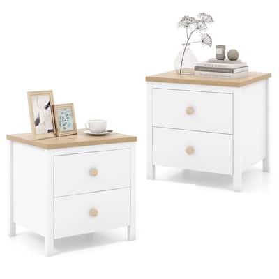 Gymax 2 PCS Nightstand Farmhouse Side End Table w/ Solid Wood Legs & 2