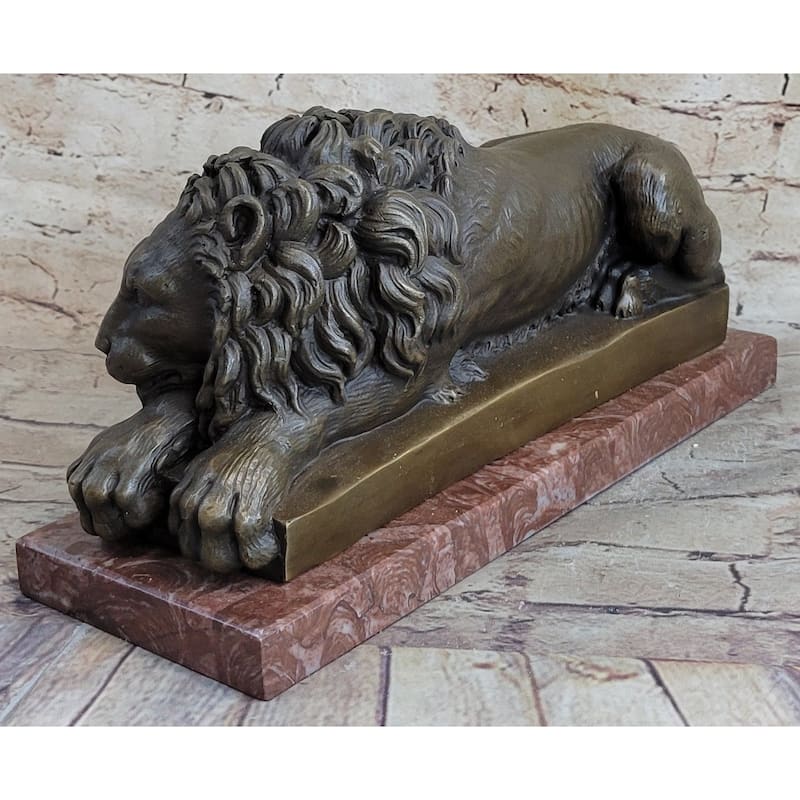 Guardian Lion Bronze Statue Sculpture Figure On Red Marble Base 7 Inches X 12.5 Inches