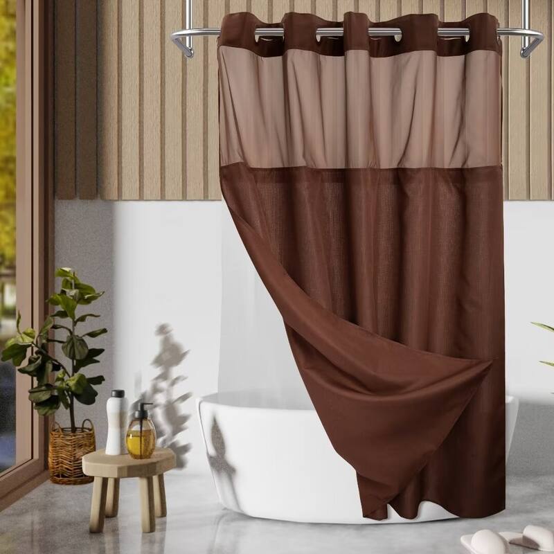 No Hook Slub Linen Texture Shower Curtain with PEVA Snap-in Liner - 71"W x 74"L - Chocolate