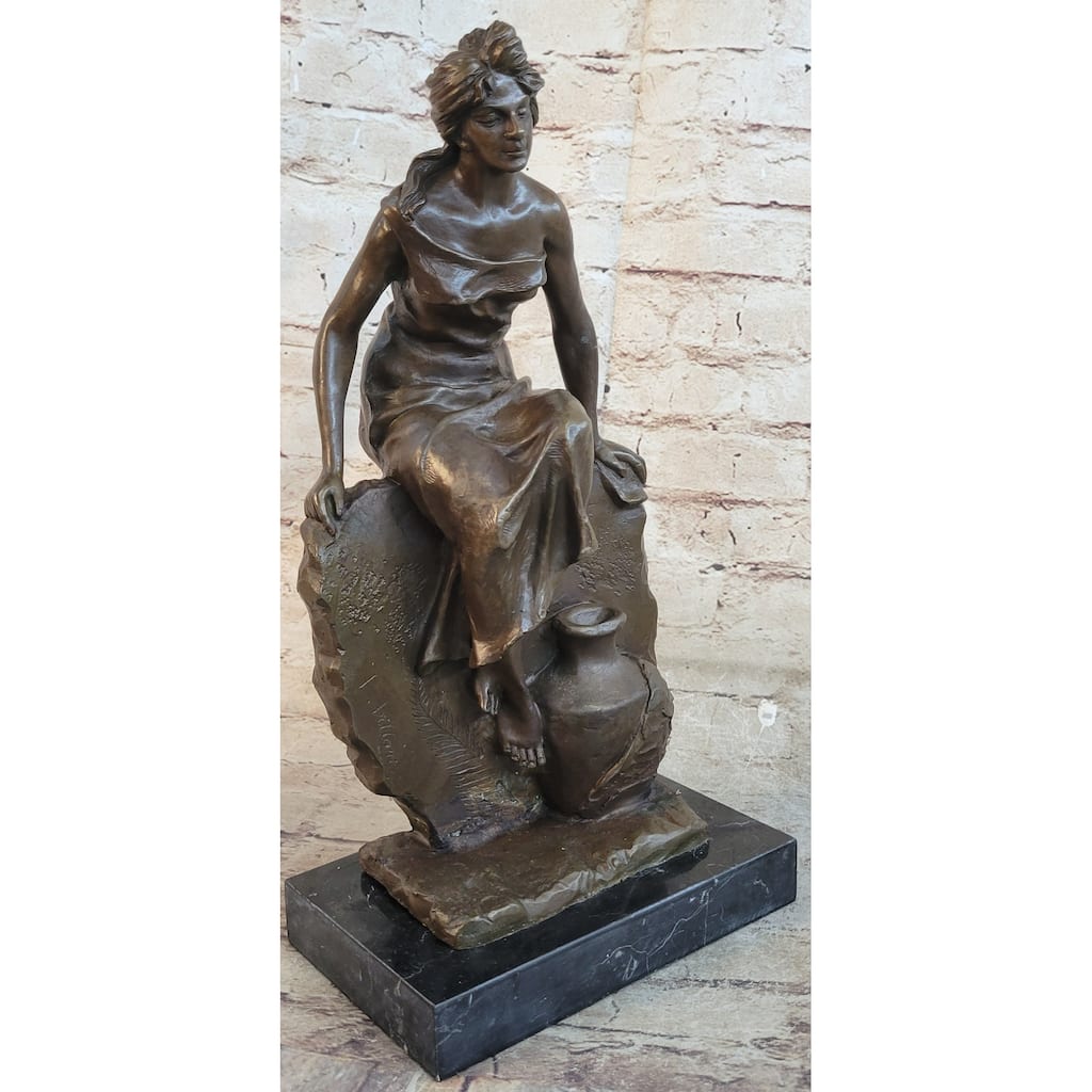 Clical Woman Sitting On A Rock Wall Bronze Sculpture Statue Figure On Marble Base