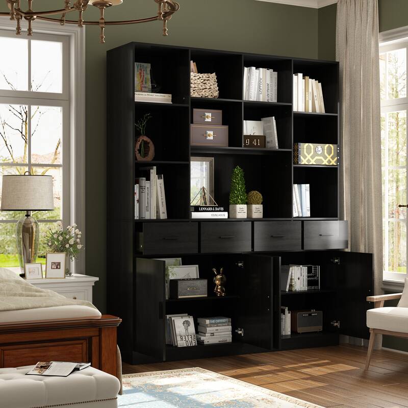 78.7" Large Bookcase,4 door, 4 drawer with Display Storage Shelves - 78.7"H x 63"W