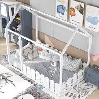 Retro Style Twin Size House Bed with Fence for Kids & Teens - Slats Not Included