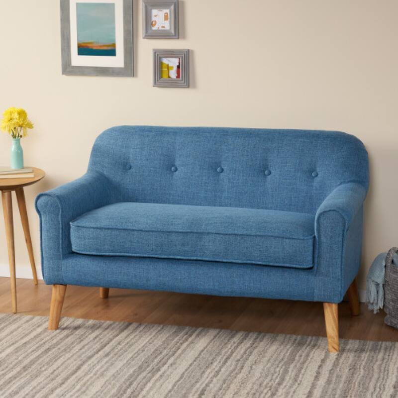 Roomfitters Mid-Century Loveseat Sofa, Upholstered Tufted Couch for Living Room, Modern Accent Seating, Muted Blue