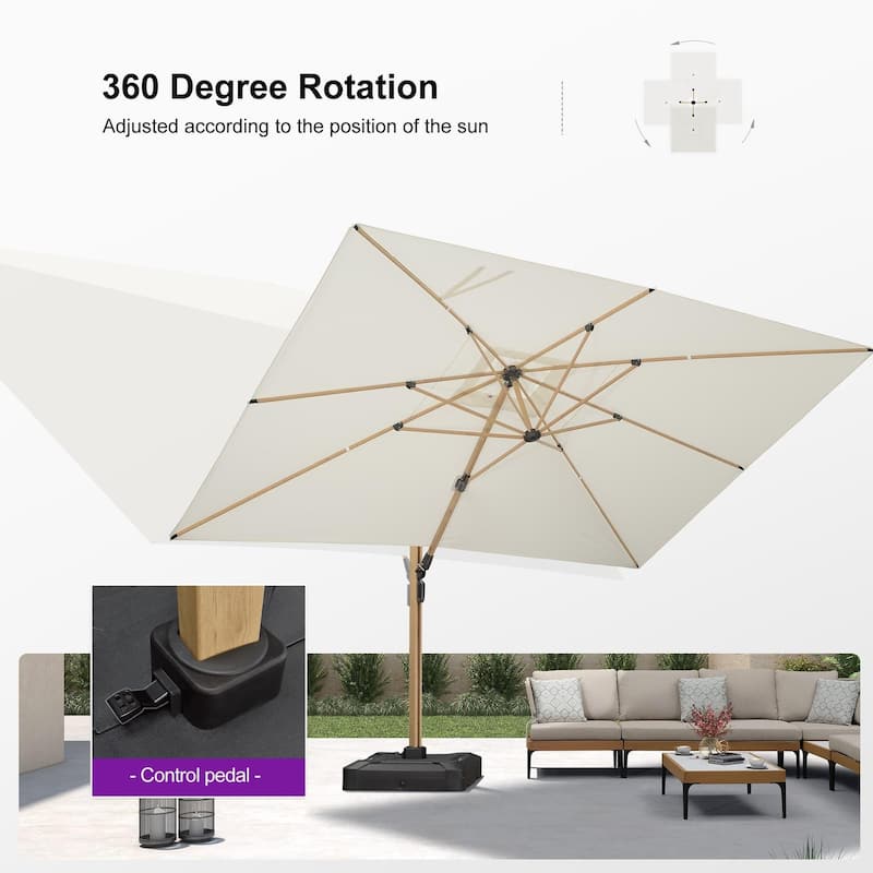PURPLE LEAF 10 x 13ft Double Top Deluxe Wood Pattern Rectangle Patio Cantilever Umbrella with Base outdoor