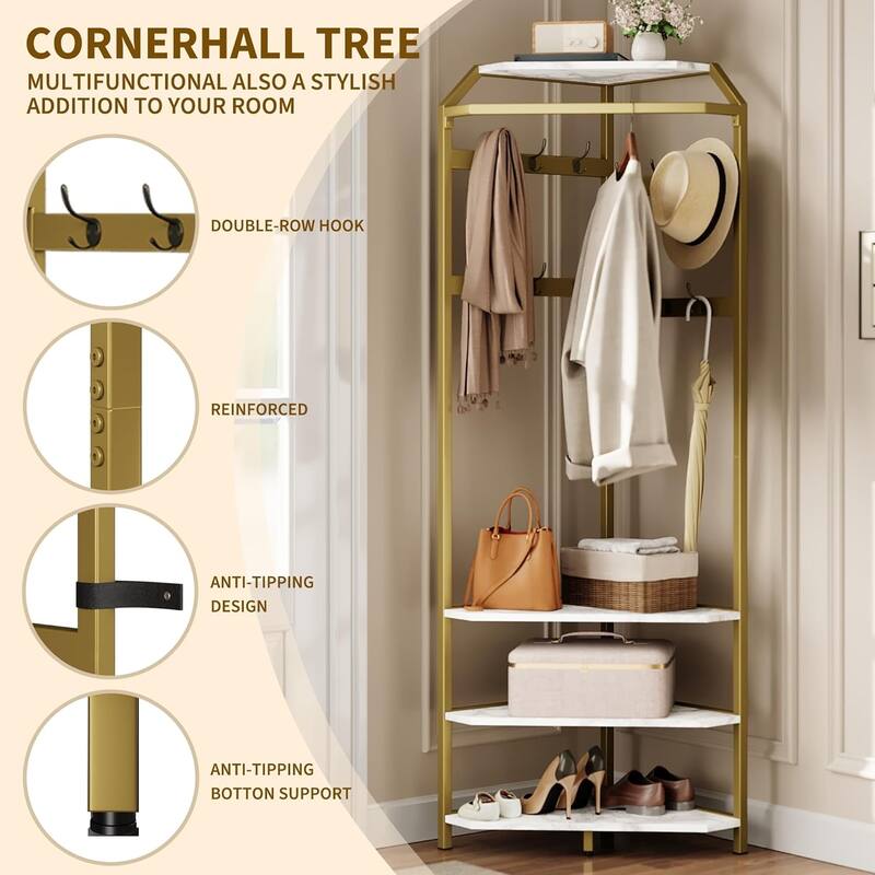 Corner Coat Rack With Shoe Bench Entryway, Corner Hall Tree With 6 Double Hooks
