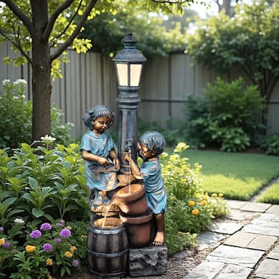 Polyresin Children Playing with Outdoor Water Faucet Fountain Weather Resistant with LED