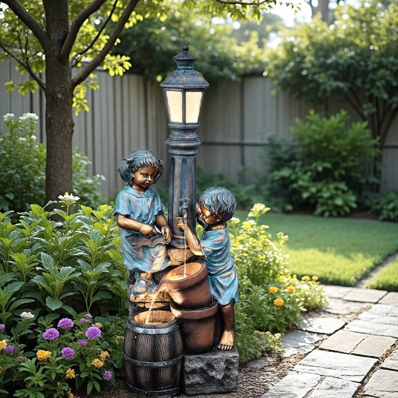 Storybook Outdoor Water Fountain with Boy and Girl Sculpture, Warm LED Lamp Post and Soothing Water Flow
