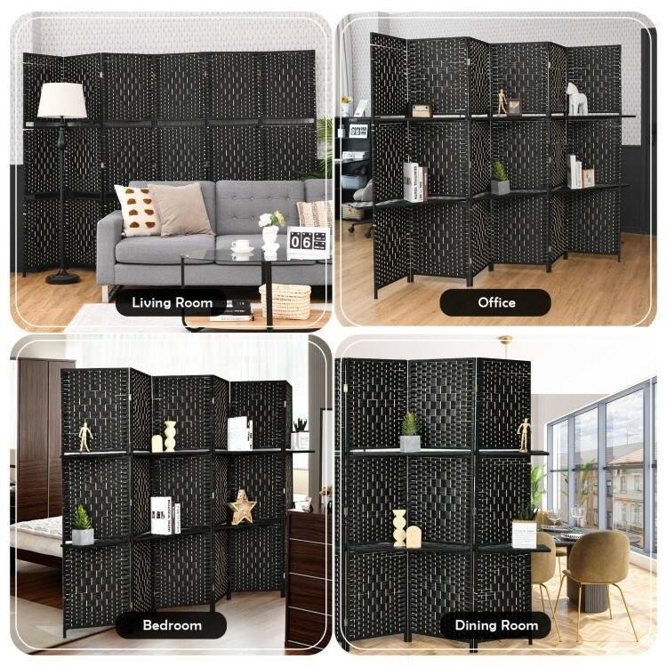 6 Panel Folding Weave Fiber Multipurpose Room Divider with 2 Display Shelves - 95" x 71" (L x H)