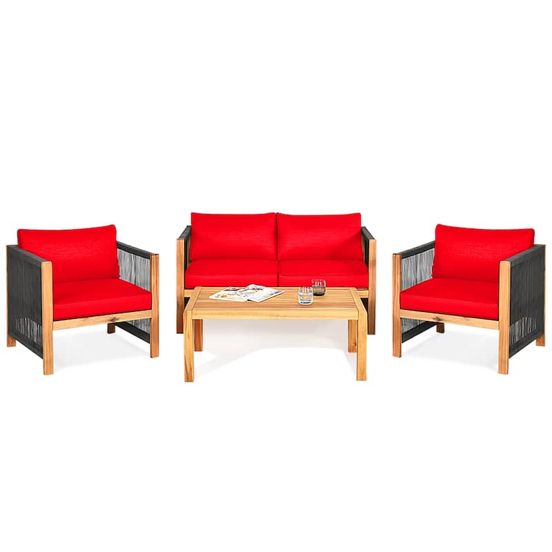 Costway 8PCS Wooden Patio Furniture Set Cushioned Sofa W/Rope Armrest