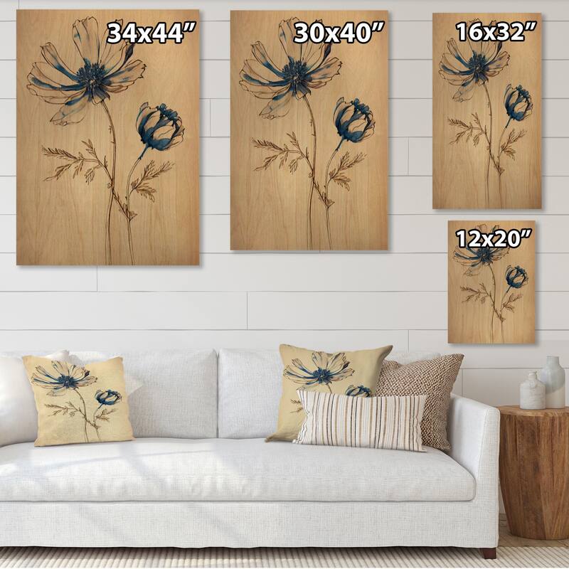 Designart 'Blue Vintage Flower Blooming VII' Floral Wood Wall Art - Natural Pine Wood