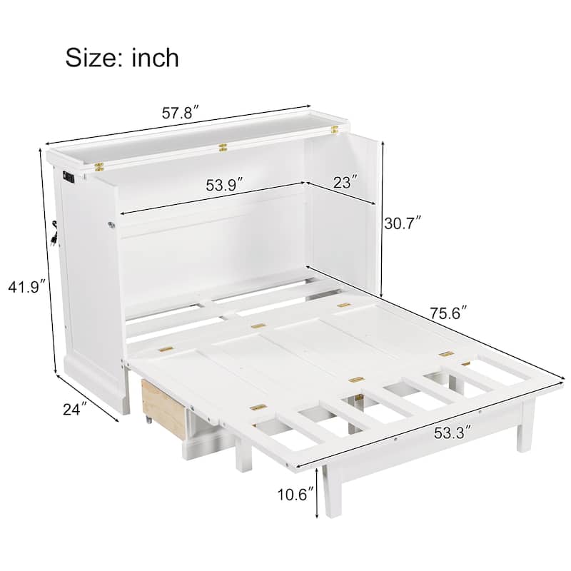Solid Pine Murphy Bed Chest Cube Cabinet Bed with Charging Station and Large Storage Drawer for or Small Room,Full