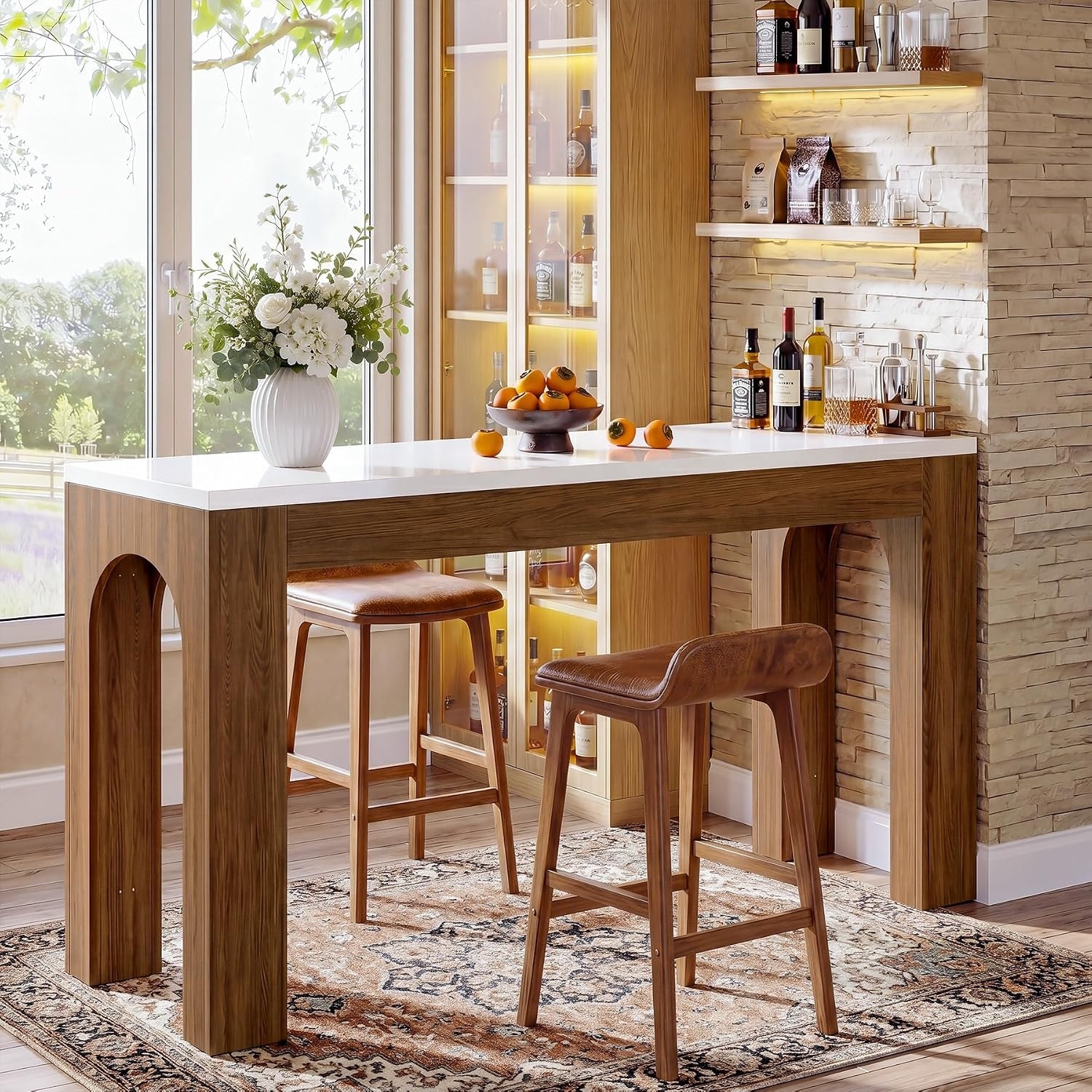 63-Inch Long Bar Table, Rectangular Counter Height Pub Table with Arched Leg, Modern Kitchen Pub Tables