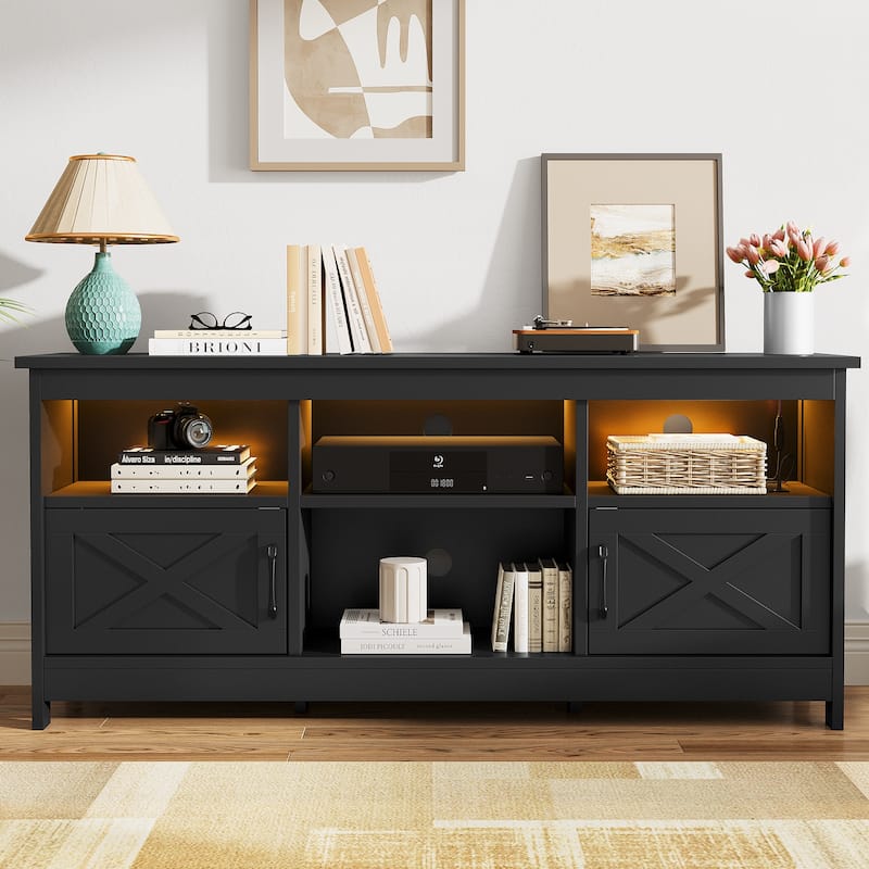 Moasis 70"/59" Farmhouse TV Stand for 80"/65" TV with Outlet and Lights - 59"W Door - Black