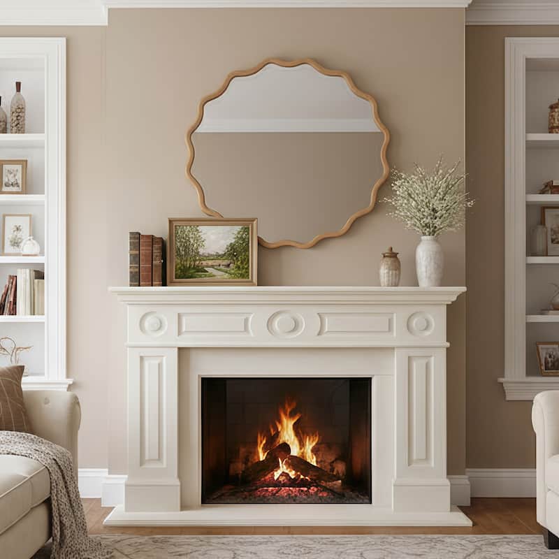 Wavy Round Solid Wood Frame Decorative Mirror - Natural