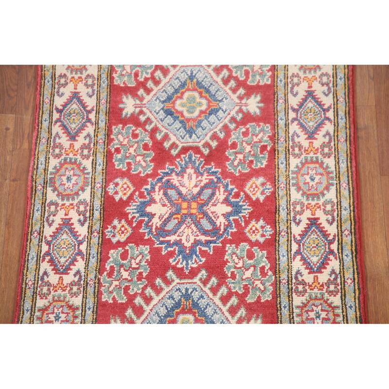 Hand Knotted Oriental 100% Wool Carpet Traditional Geometric Red Kazak Area Rug - 6' 5'' X 2' 8''