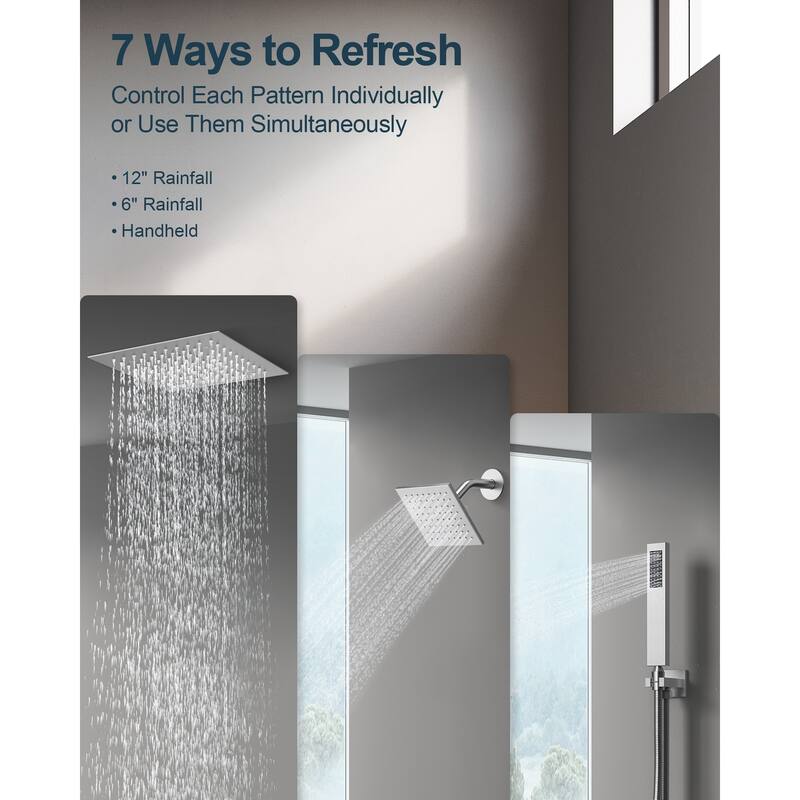 GRANDJOY LED 12" Rainfall Shower System Dual Shower Heads with 2-Handle Bathroom Sink Faucets Combo Set