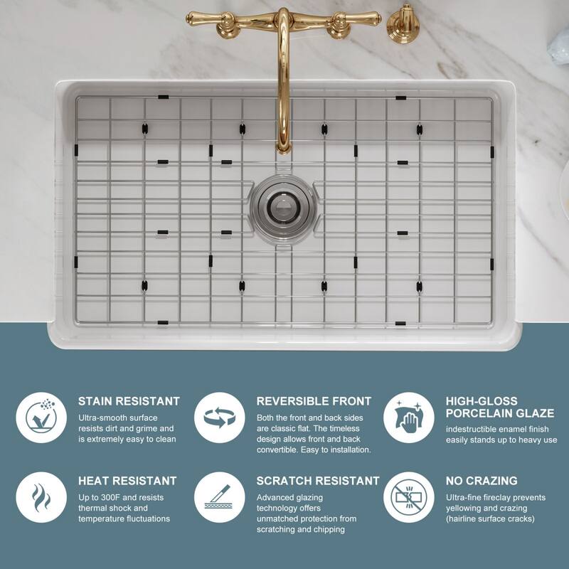 HOROW 30 in. Farmhouse/Apron-Front Single Bowl White Fireclay Kitchen Sink with Bottom Grid and Strainer