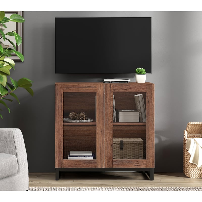 WAMPAT Modern TV Stand with Glass Doors for 110 inch TVs, Entertainment Center Console with Adjustable Shelves and Metal Base - 1PCS - Brown