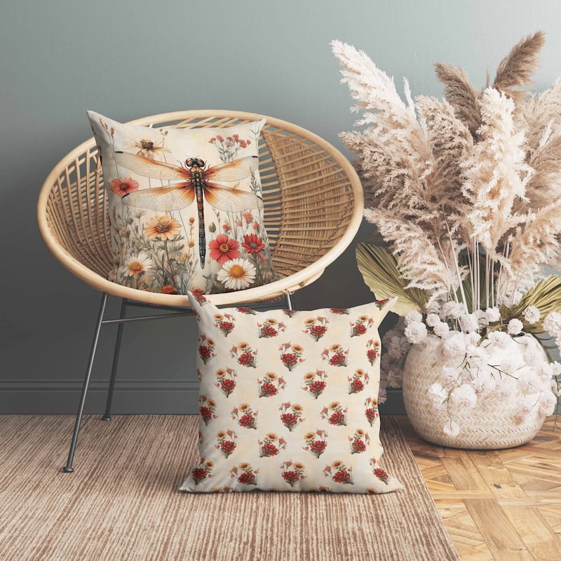 Wildflower Dragonfly Faux Suede Reversible Throw Pillow Beige and Orange