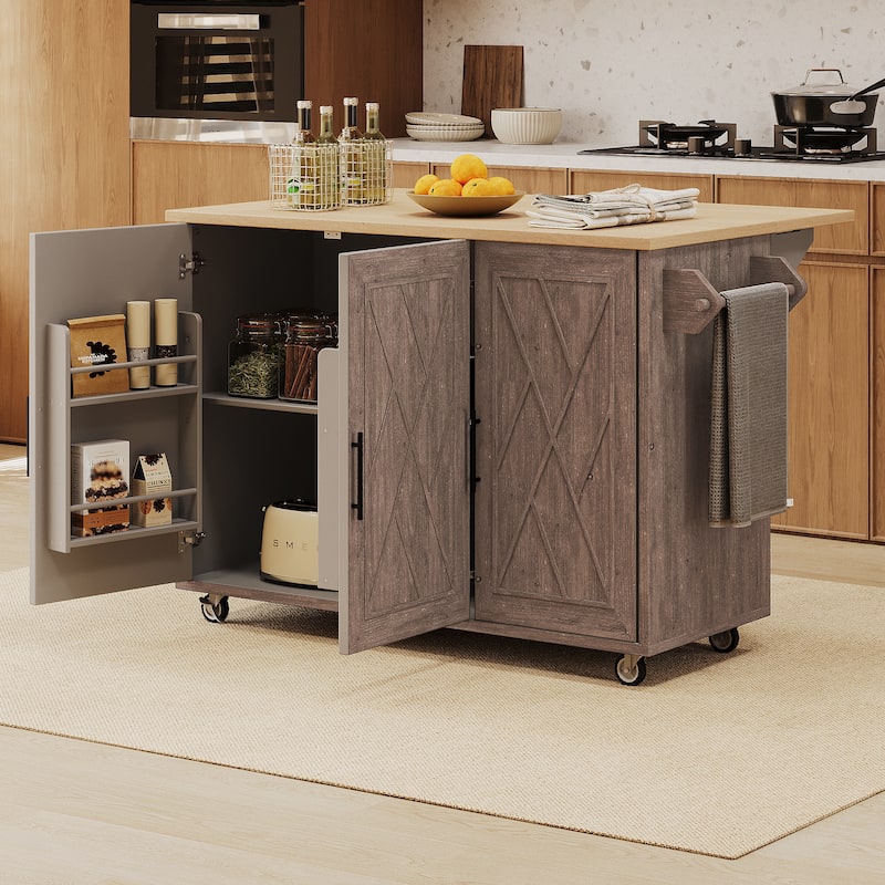 Kyle Geometric Twill Textured Design Kitchen Island with Drop Leaf(51-in x30-in x36-in) - Brown