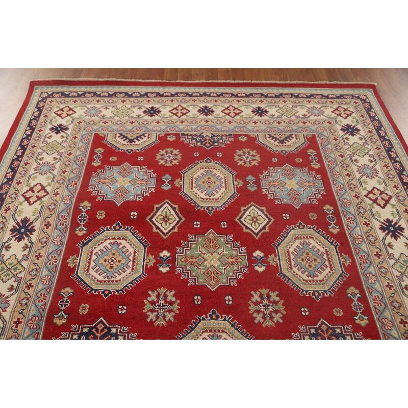 Kazak Oriental Area Rug Hand-Knotted Geometric Red Wool Carpet - 6'6"x 9'10"