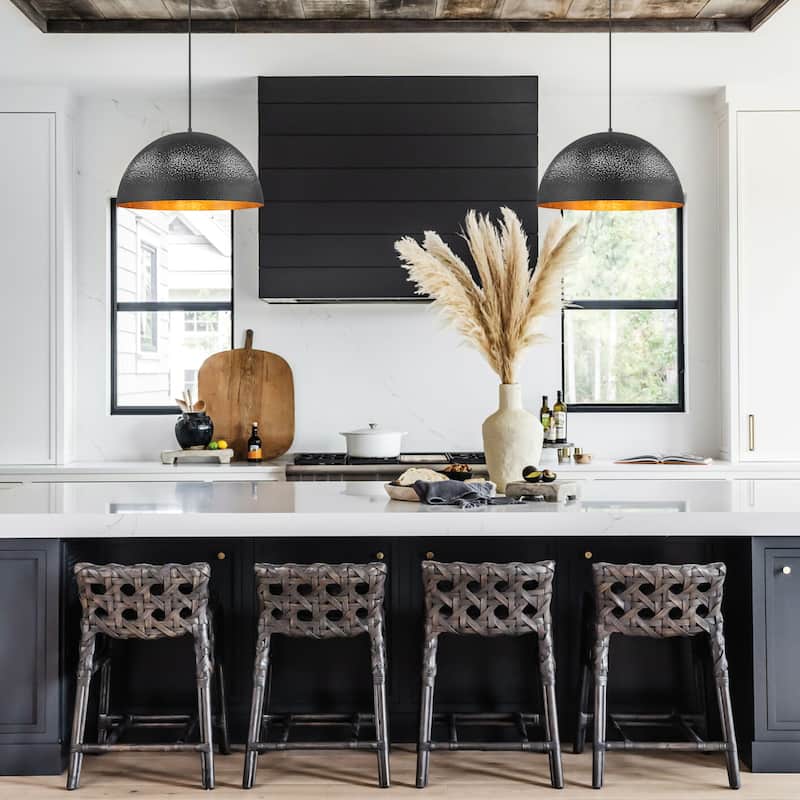 1-Light Vintage Industrial Painted Black Gold Leaf Dome Pendant Kitchen Island Lighting - 19.6 in. W x 11.8 in. H