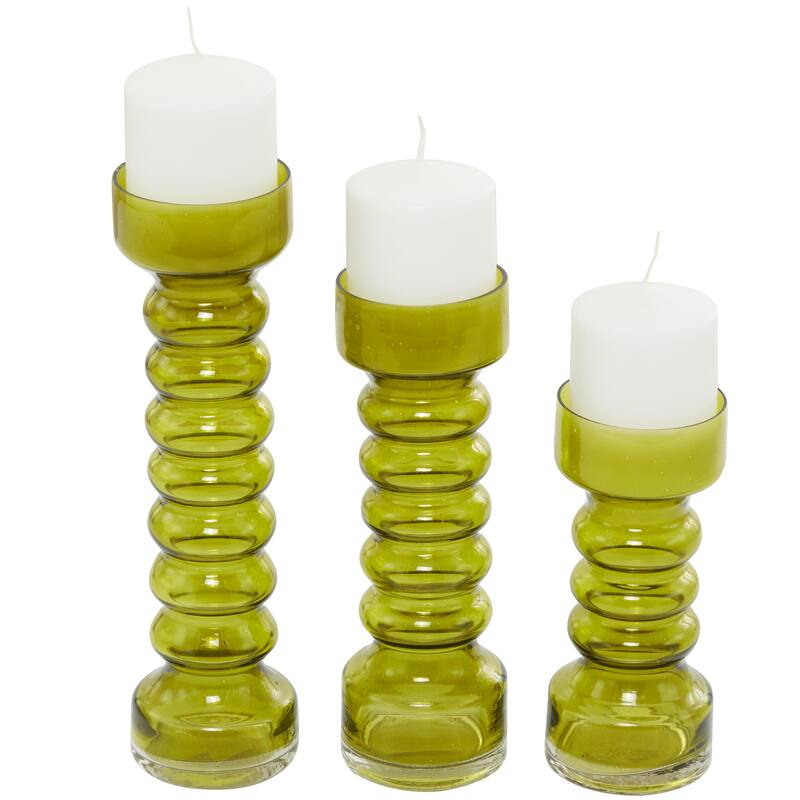 Glass Bubble Pillar Decorative Candle Holder - Set of 3 Yellow, Green, Clear - Roche River Decor - Green - 13", 11", 11"H