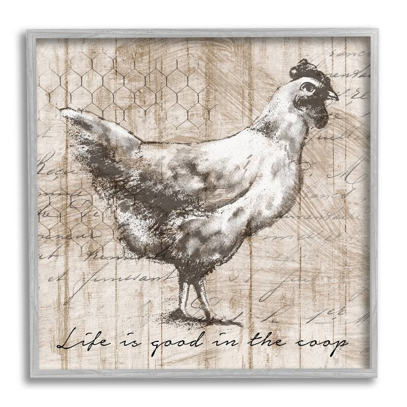 Stupell Life's Good In Coop Vintage Text Farm Chicken Framed Wall Art - Beige - 24 x 24 - Grey