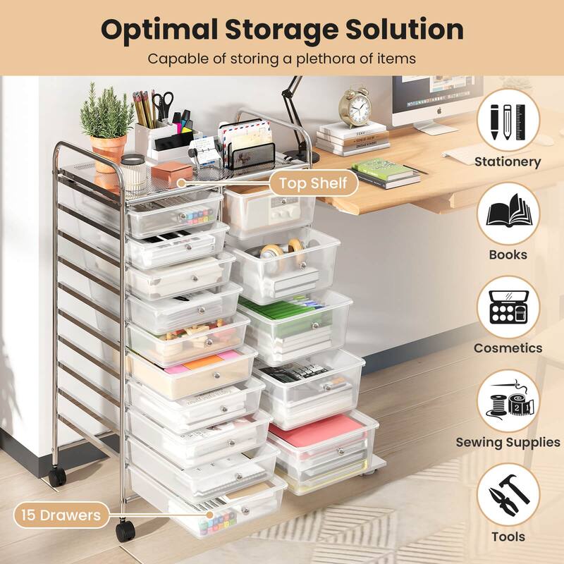 Costway 15-Drawer Trolley with Chrome Plated Metal Frame & Lockable - See Details