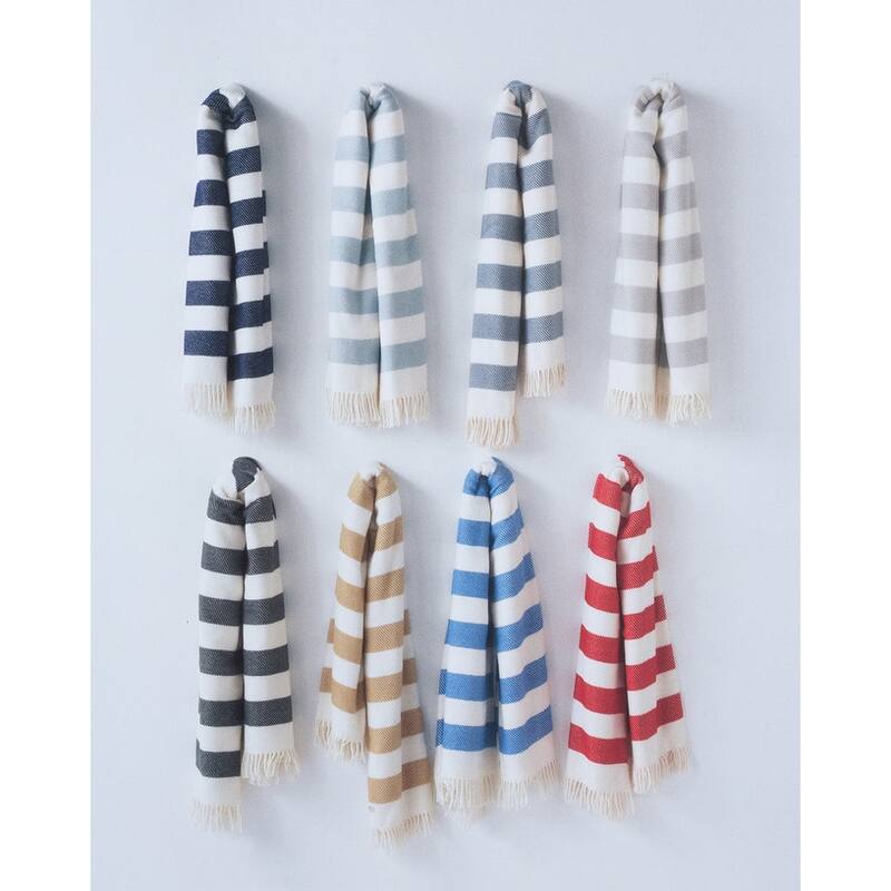 Cream and Sky Blue Slanted Stripe Fringed Throw Blanket