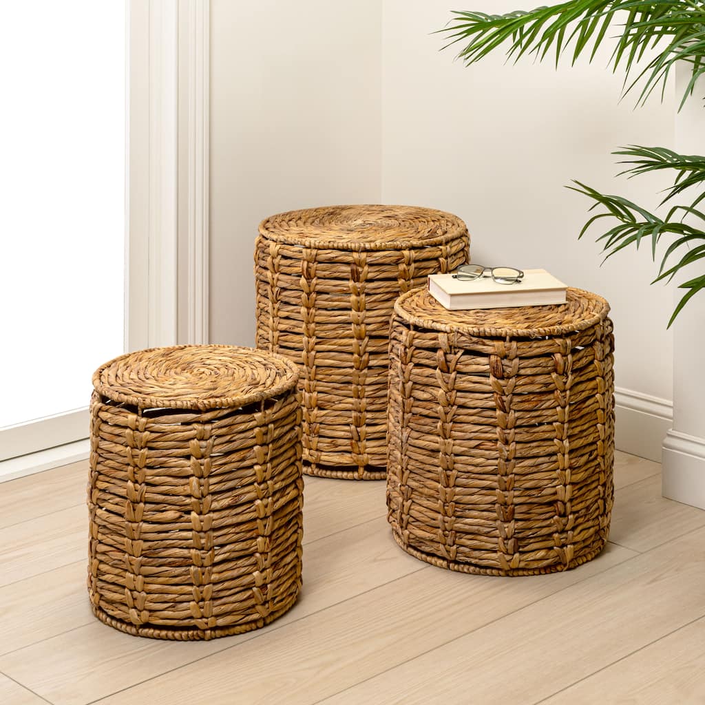 JONATHAN Y Zaria 18" Coastal Bohemian Handwoven Water Hyacinth Nesting Round Accent Table (Set 3)