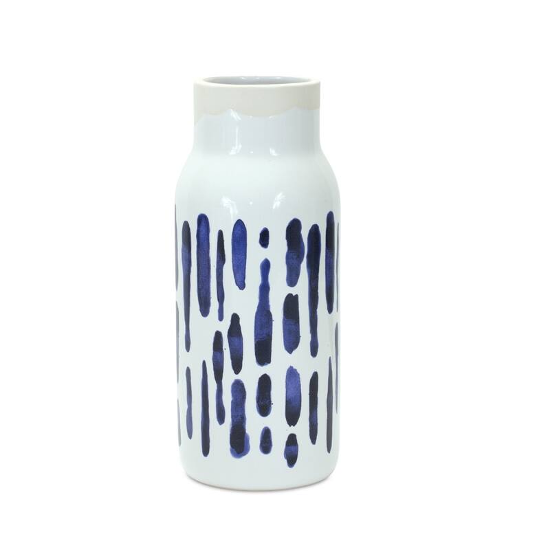 Blue and White Ceramic Abstract Cylinder Table Vase Set of 2 for Living Room Decor