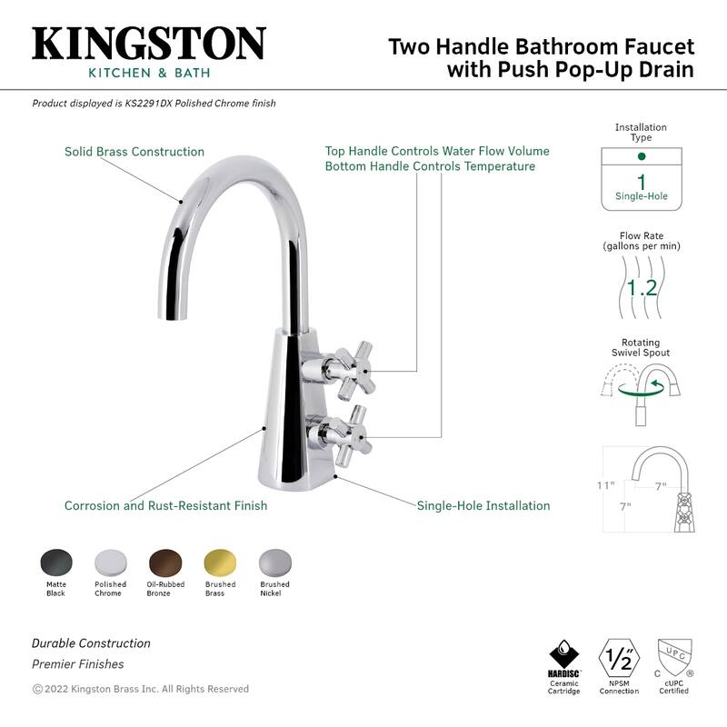Kingston Brass Constantine Two-Handle 1-Hole Deck Mount Bathroom Faucet with Push Pop-Up