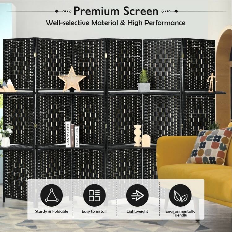 6 Panel Folding Weave Fiber Multipurpose Room Divider with 2 Display Shelves - 95" x 71" (L x H)