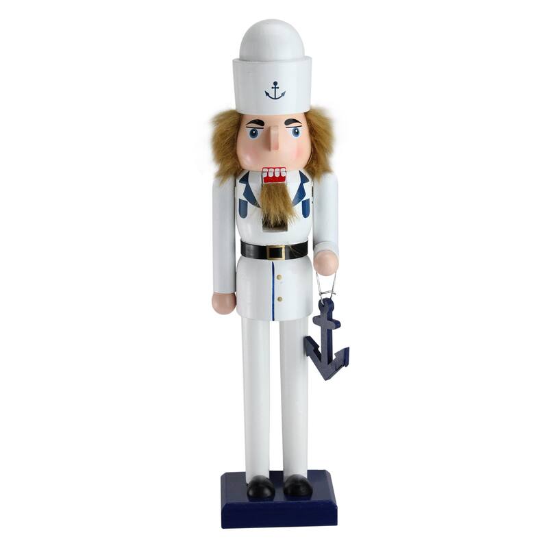 15" White and Blue Navy Sailor Wooden Christmas Nutcracker