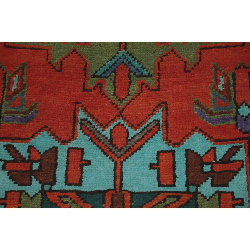 Hand Knotted Oriental 100% Wool Carpet Traditional Geometric Oranges & Rust Heriz Runner Rug - 9' 10'' X 3' 1''