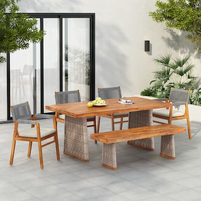 Christopher Knight Home - Tyler Outdoor Acacia Wood Dining Set with Rope Armchairs, Cushions, and Matching Bench