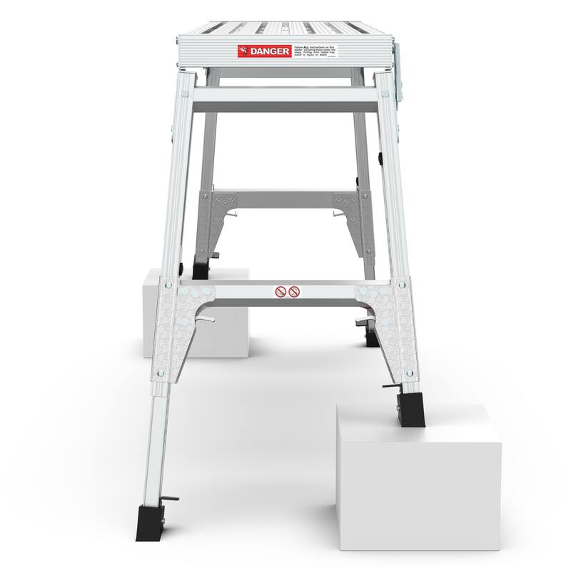 Aluminum Work Platform Large Size Step Stool Folding Portable Work Bench 40" Width Telescopic Feet 22" -27.5" Height