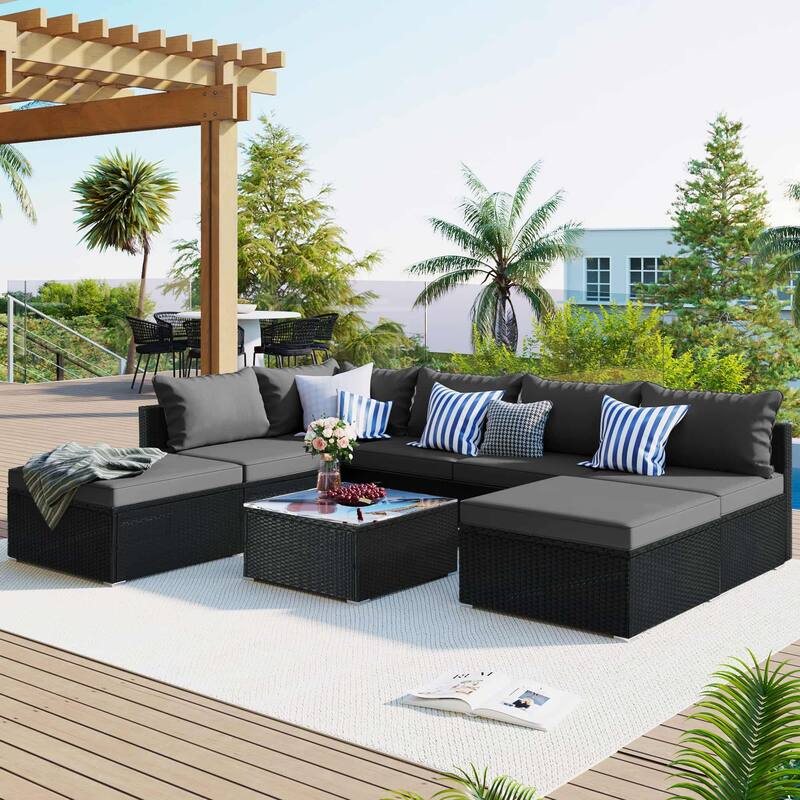 8-Piece Outdoor Wicker Sectional Sofa Set with Coffee Table, Cushions - Black/Grey