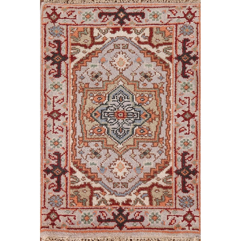 Geometric Heriz Serapi Indian Rug Hand-Knotted Grey Wool Carpet - 2'0"x 3'0"